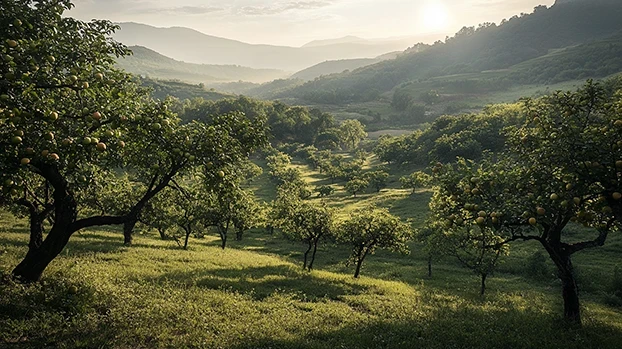 Voćke rastu u voćnjaku na brdovitom terenu, obasjane sunčevom svjetlošću pri zalasku sunca.