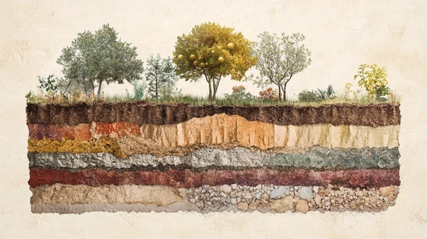 Drveće raste iznad raznobojnih slojeva tla, prikazujući različite geološke slojeve zemlje.