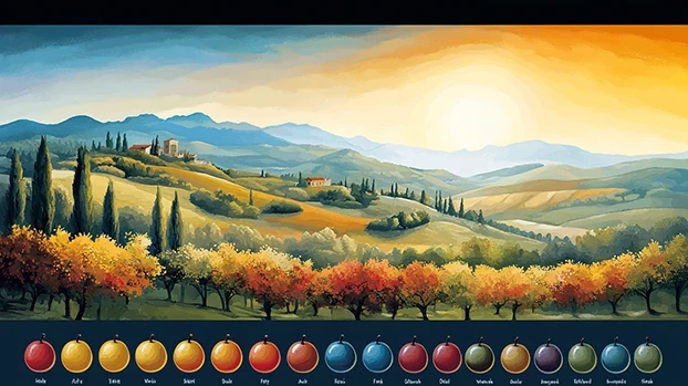 Drveće stoji ispred brda i kuća pod sunčanim nebom; ispod su prikazane okrugle boje sa imenima: Kol, Arlo, Terra, Welo, Skort, Soleil, Dulce, Frey, Auta, Rusle, Festi, Silerock, Deal, Waloza, Ivernoff, Spindle, Svale.