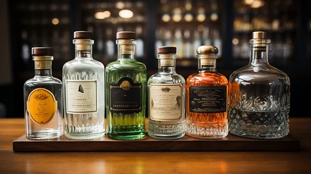 Boce pića stoje na drvenom postolju u baru. Tekst na bocama uključuje: "Cordon", "Lime", "Advanced".