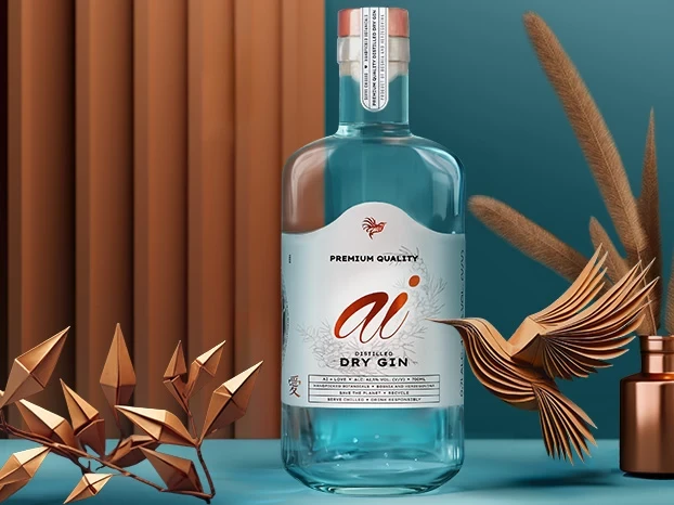Boca džina stoji na stolu, okružena dekorativnim elementima. Tekst: "Premium Quality ai Distilled Dry Gin".