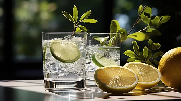 Čaše s pićem i kriškama limete nalaze se na stolu pored cjelih limuna, u osvijetljenom ambijentu s biljkama u pozadini.