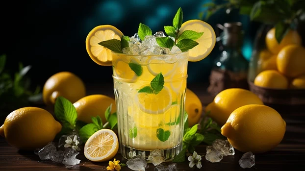 Čaša limunade ispunjena ledom i listovima mente, okružena cijelim limunima, nalazi se na drvenom stolu.