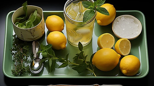 Limun, led i začinsko bilje na zelenom pladnju, priprema za osvježavajući napitak.