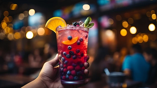 Čaša s voćnim napitkom, ukrašena kriškom narandže i listom mente, drži se u ruci u užurbanom kafiću.