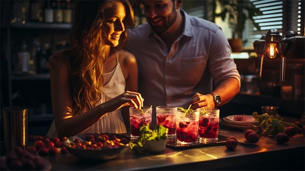 Par miješa piće za šankom, okružen voćem u opuštenom ambijentu kuhinje.