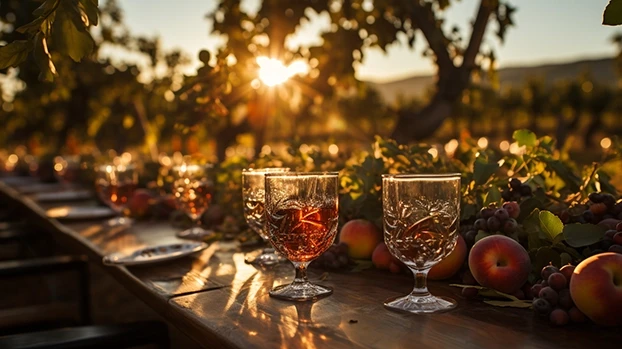 Čaše s vinom postavljene na drvenom stolu u vinogradu osvijetljenom zalaskom sunca, okružene voćem i lišćem.