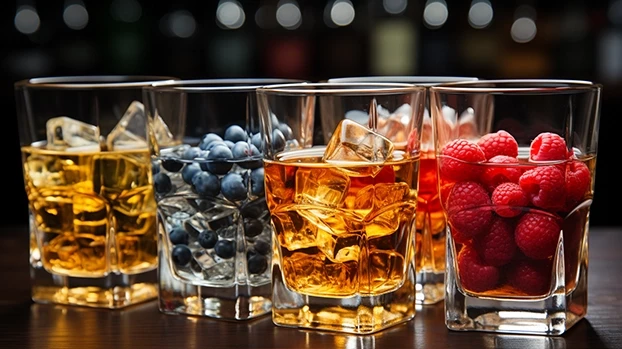 Čaše s ledom i voćem stoje na stolu, svaki pijesak sadrži različite vrste voća.