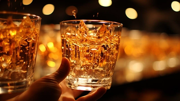 Čaša drži tekućinu koja prska, u ruci, na osvetljenom pozadini.