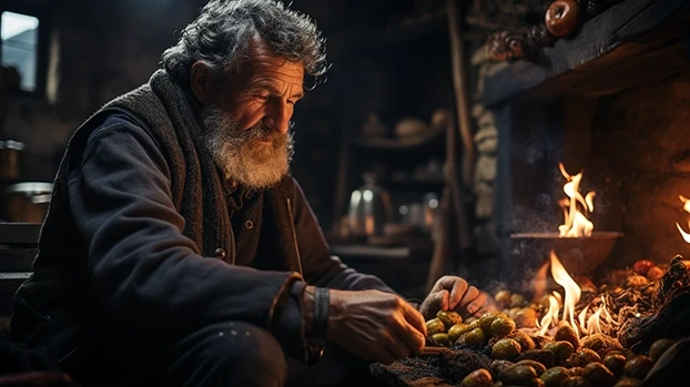 Izgled: Stariji muškarac. Akcija: Peče kestene. Kontekst: Sedi pored vatre u rustikalnoj unutrašnjosti.