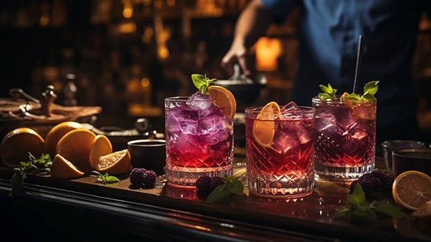 Tri koktela sa ledom i limunom, ukrašena zelenim listićima, stoje u baru. U pozadini osoba priprema piće.