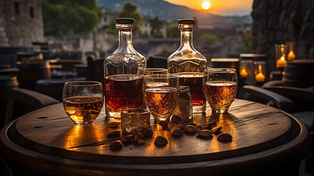 Decanteri i čaše sa pićem, okruženi orašastim plodovima, stoje na drvenom stolu, na otvorenom prostoru pri zalasku sunca.