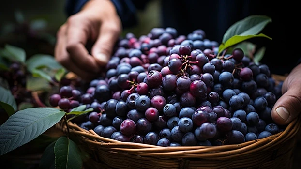 Košara puna borovnica, ruke beru voće, na otvorenom polju.