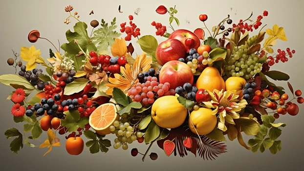 Voće i lišće prikazani su kao buket na neutralnoj pozadini, stvarajući šareni aranžman.