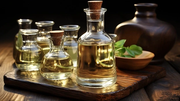 Staklene boce sa uljem stoje na drvenoj dasci, okružene zelenim lišćem u rustičnom ambijentu.