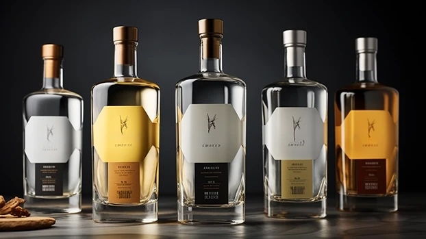Pet boca rakije stoji uspravno na tamnoj površini, svaka s različitim etiketama, u studijskom okruženju. Tekst: "EMPERO".