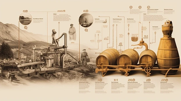 Dijagram prikazuje procese destilacije uz slike opreme i radnika. Tekst detaljno opisuje svaki korak.