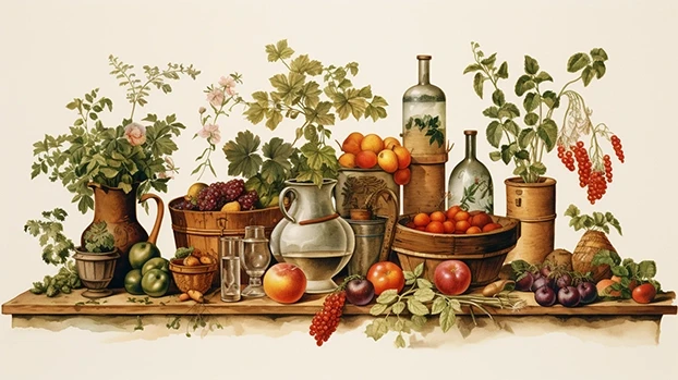 Boce soka, okružene raznim voćem, leže na stolu. Voće uključuje limun, maline, borovnice i citruse.