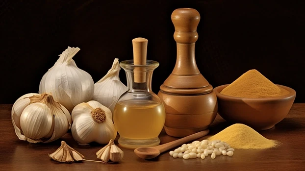 Četiri glavice bijelog luka i ulje stoje na drvenoj površini sa začinima i drvenim avanom u tamnoj pozadini.