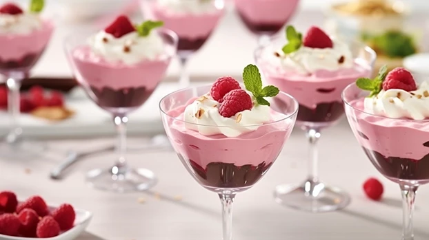 Čaše drže slojeve pjene i šlaga, ukrašene malinama i listovima mente, postavljene na stol.