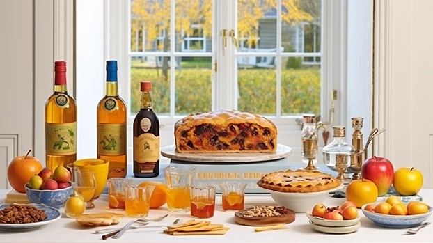 Stol sadrži sokove, tortu i voće ispred prozora, stvarajući ugodnu atmosferu za doručak. Na bocama se vidi tekst "Les As Enchantee" i "Glaena".