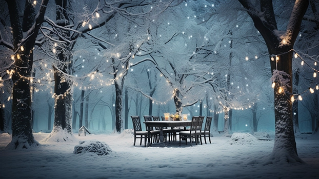 Stol i stolice stoje prekriveni snijegom u osvijetljenoj šumi, sa svjetlosnim lampicama obavijenim oko grana drveća.