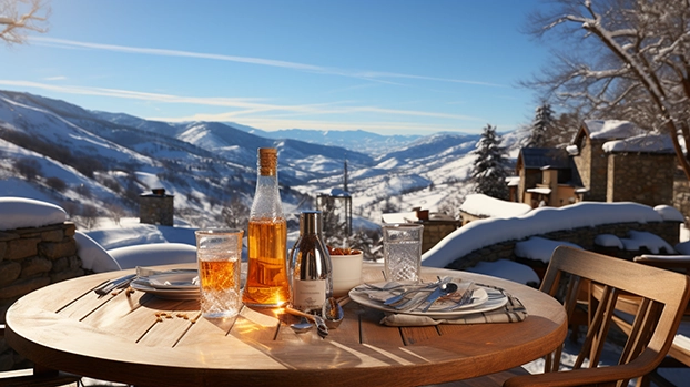 Stol s pićem i priborom za jelo stoji na terasi s pogledom na snježne planine ispod plavog neba.
