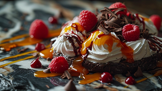 Desert sa šlagom i malinama prekriven čokoladom i karamelom, postavljen na tamnu ploču.