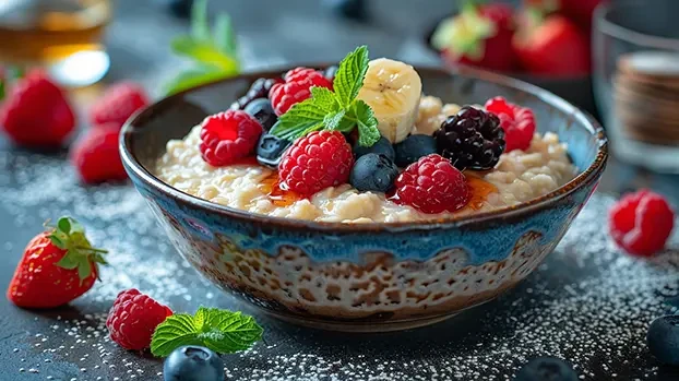 Zdjela sa voćem i zobenom kašom stoji na stolu, ukrašena malinama, borovnicama, bananom i mentom.