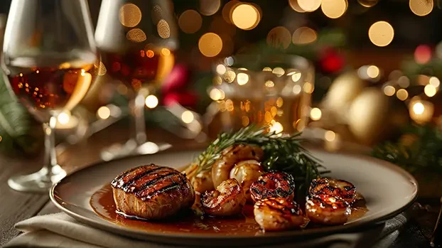 Tanjir sa roštiljskim mesom i škampima ukrašenim grančicom ružmarina, smješten na stolu s čašama vina, u svečanom ambijentu.