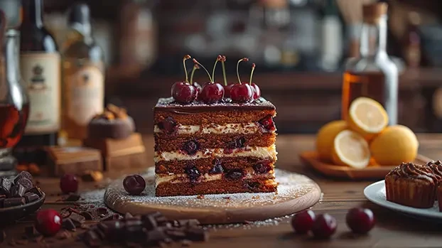 Kolač s višnjama stoji na drvenoj dasci u rustikalnoj kuhinji, okružen čokoladom i bocama pića.