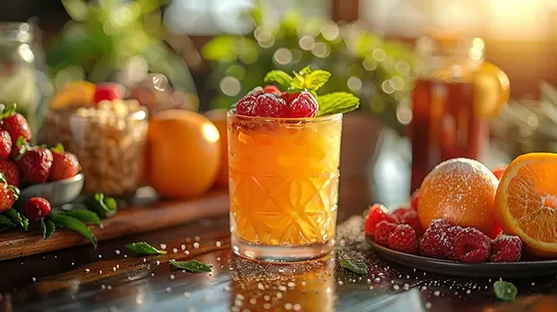 Čaša soka ukrašena malinama i mentom stoji na drvenom stolu, okružena voćem i zelenilom.