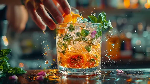 Čaša s pićem, ruka stavlja krišku narandže, ukrašena mentom i ledom u baru.