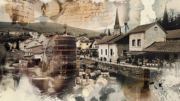 Bačve stoje uz rijeku u starom gradskom okruženju, s ljudima koji šetaju pored zgrada, dok starinski dokument dodaje istorijsku atmosferu.