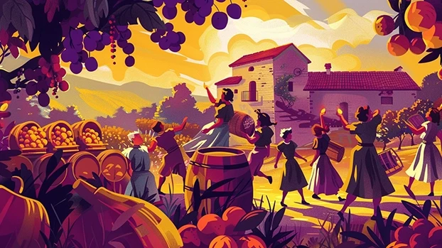 Ljudi plešu i sviraju, okruženi voćem i drvećem, ispred kuće na selu.