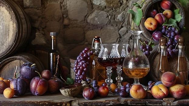 Voće i boce stoje na drvenoj površini pred zidom, uključujući grožđe, šljive i breskve, sa drvenim bačvama u pozadini.