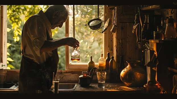 Stariji muškarac drži teglu, stojeći pored prozora, u rustičnoj kuhinji ispunjenoj bocama i posuđem.