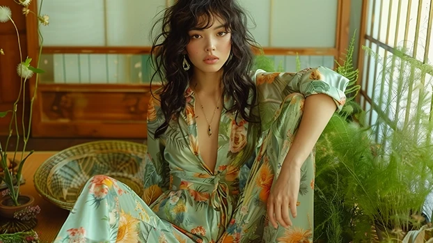 Žena sjedi u cvjetnoj haljini, okružena biljkama, u prostoriji s drvenim zidovima i papirnatim pregradama.