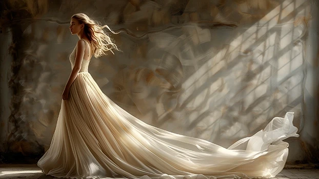 Žena nosi dugu haljinu, hoda u sunčanoj sobi sa sjenama na zidu.