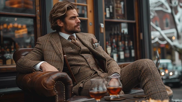 Osoba sjedi na kožnom kauču, drži piće, u pozadini su flaše u baru.