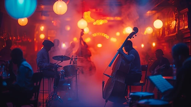 Muzičari sviraju instrumente u zadimljenom klubu, okruženom toplim svjetlima.