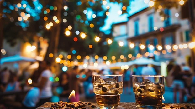 Čaše sa pićem stoje na stolu; ulice su ukrašene svjetlima dok ljudi proslavljaju događaj na otvorenom.