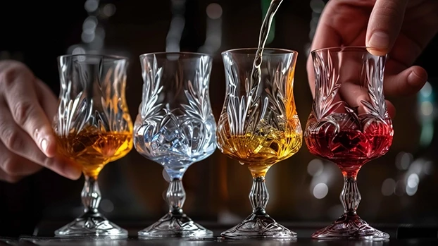 Čaše se pune tečnošću različitih boja na tamnoj pozadini. Ruke drže i sipaju pića u čaše.