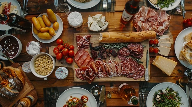 Tabla sa mesnim delikatesama i sirom, okružena bocom vina i različitim jelima, poslužena na drvenom stolu.