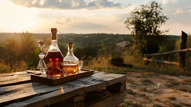 Boce s pićem stoje na drvenom stolu u prirodi tokom zalaska sunca. Nema teksta.