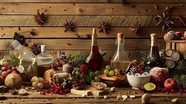 Boce i voće stoje na drvenom stolu, okružen dekoracijama, stvarajući svečanu atmosferu.