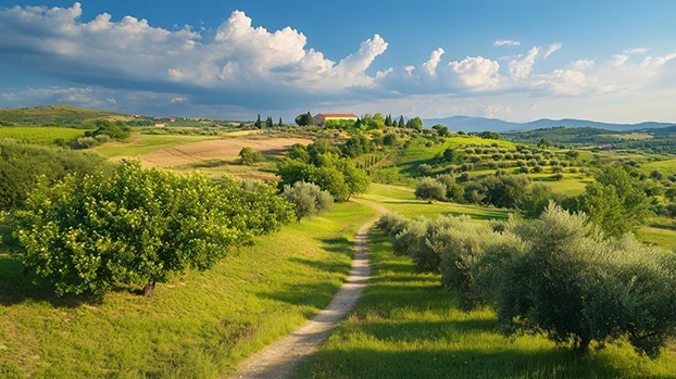 Staza vijuga kroz zelena polja, vodi prema kući na brijegu pod plavim nebom.