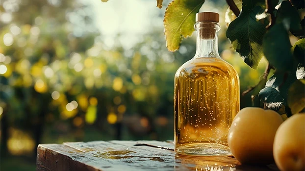 Boca jabukovače stoji na drvenoj klupi usred voćnjaka okupanog suncem.