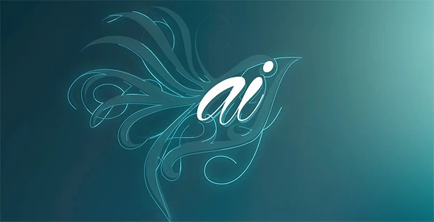 Oblik ptice koristi apstraktne linije. Tekst "ai" nalazi se u središtu dizajna na plavoj pozadini.