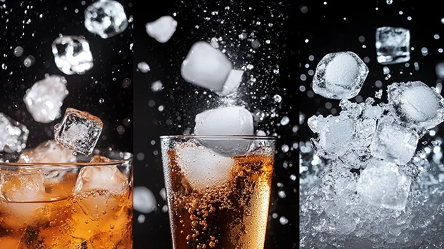 Čaša sa pićem, kockice leda prskaju okolo, na crnoj pozadini.